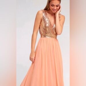 Lulu's Gown Dress Peach Pink Rose Gold Sequin L